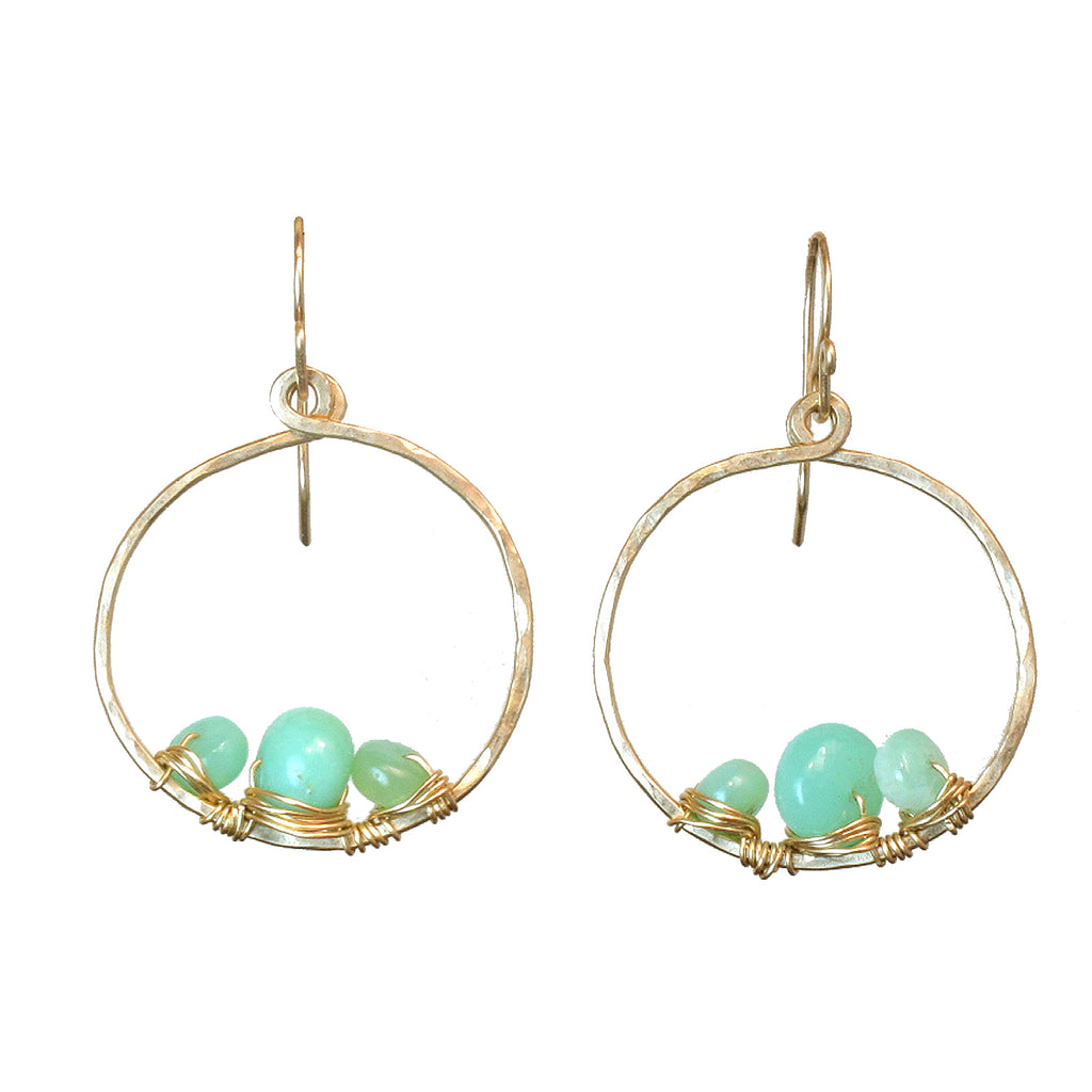 Chrysoprase Wrapped Hammered Circle Earrings