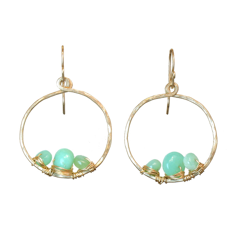 Chrysoprase Wrapped Hammered Circle Earrings