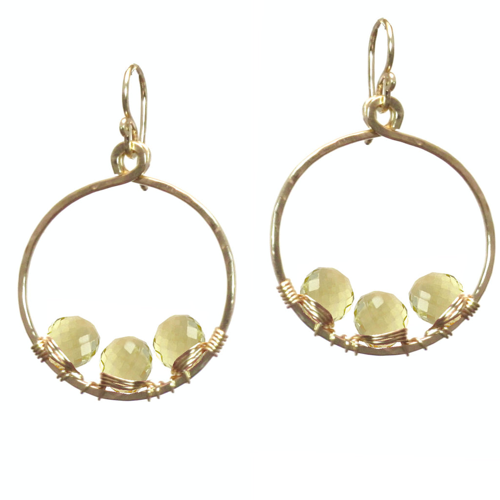 Lemon Quartz Wrapped Hammered Circle Earrings