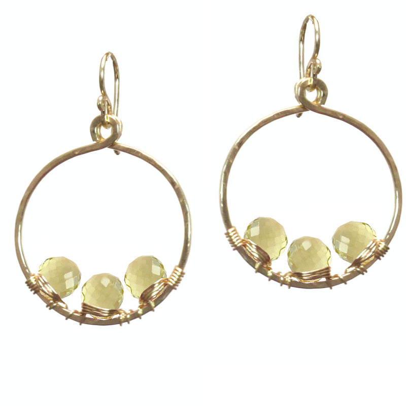 Lemon Quartz Wrapped Hammered Circle Earrings