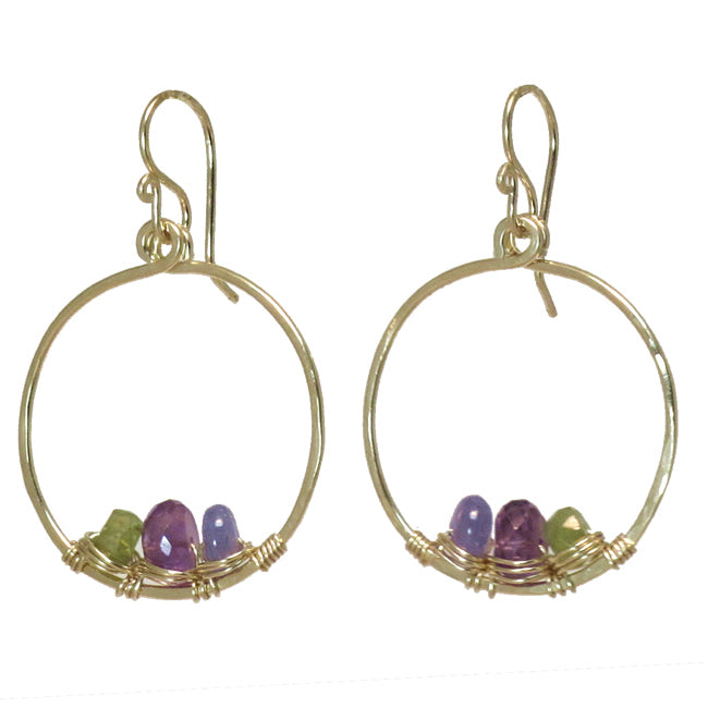 Amethyst, Tanzanite & Vessonite Wrapped Hammered Circle Earrings