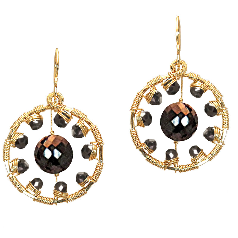 Black Spinel Wrapped Hammered Circle Earrings