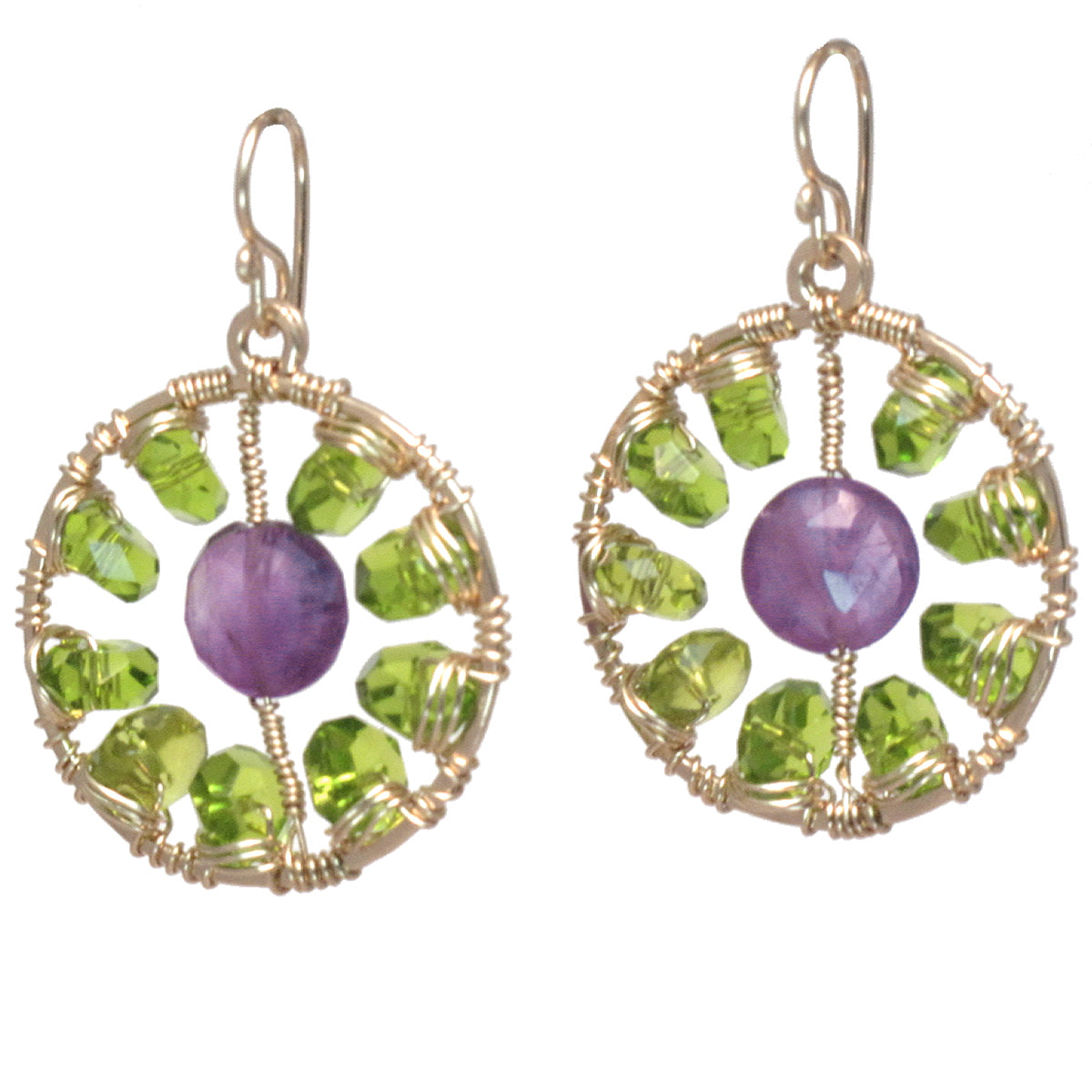 Pearl & Green Amethyst Wrapped Hammered Circle Earrings - ClickThatClicks 