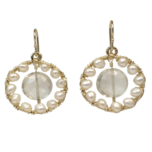 Pearl & Green Amethyst Wrapped Hammered Circle Earrings - ClickThatClicks 