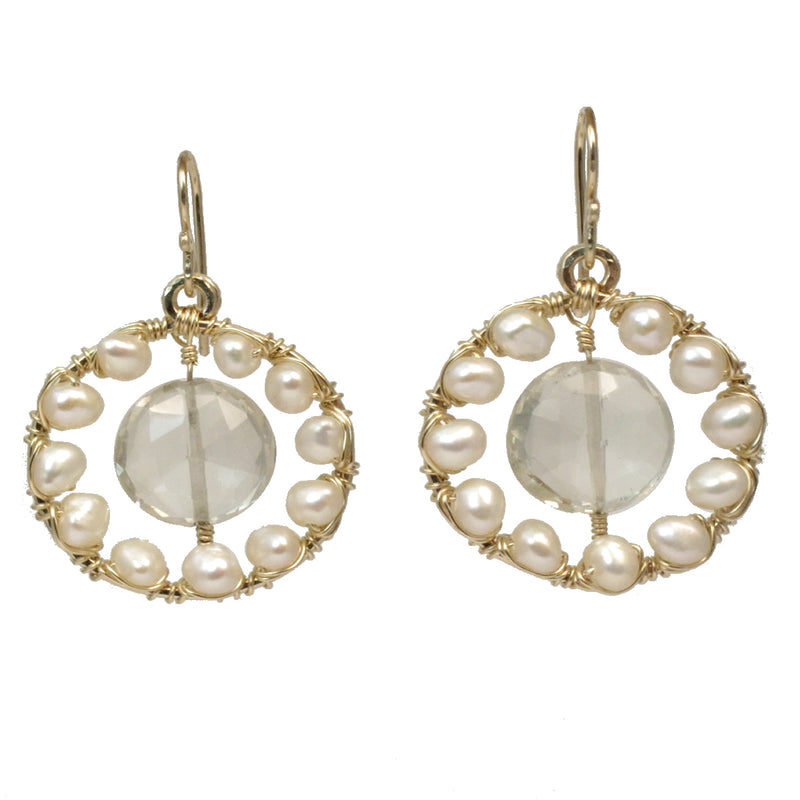 Pearl & Green Amethyst Wrapped Hammered Circle Earrings