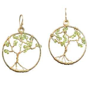 Peridot Tree Hammered Circle Earrings