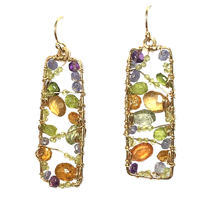 Hammered Rectangle Earrings with Amethyst & Multi-Gemstones