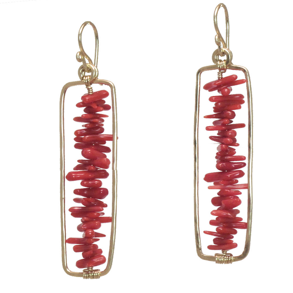 Hammered Rectangle Earrings with Red Coral