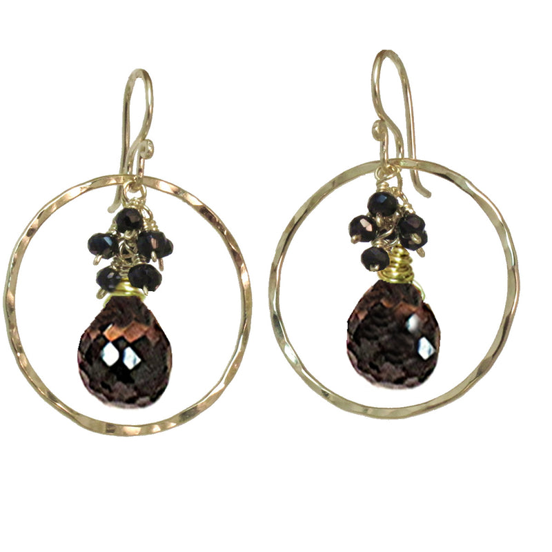 Hammered Circle Earrings with Black Spinel