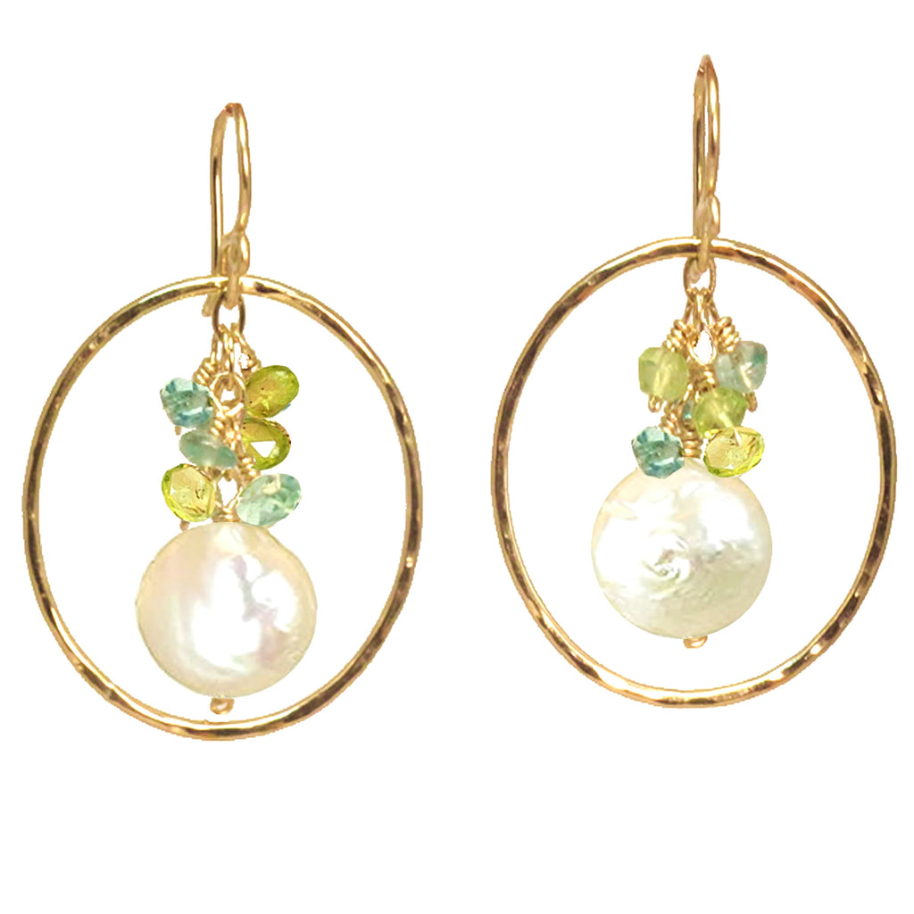 Hammered Circle Earrings with Peridot, Apatite & Ivory Pearl