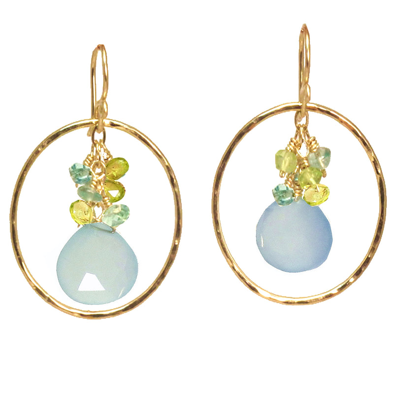 Hammered Circle Earrings with Peridot, Apatite & Sea Blue Chalcedony