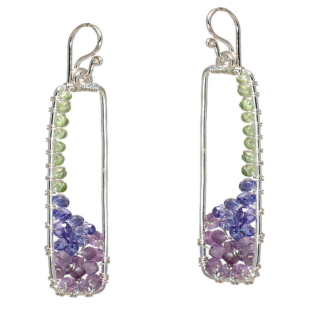 Hammered Rectangle Earrings with Peridot, Tanzanite & Amethyst