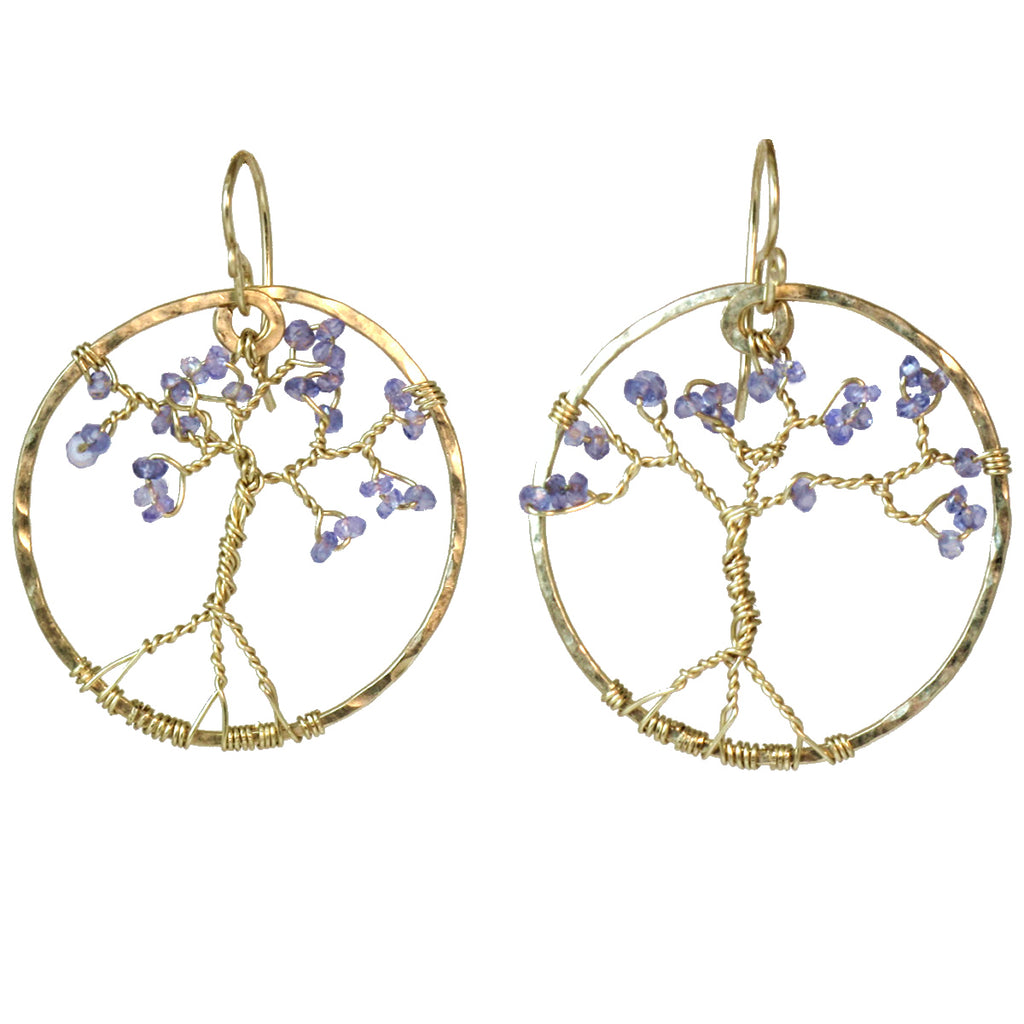 Hammered Circle Earrings with Tanzanite Tree Design