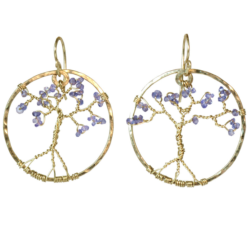 Hammered Circle Earrings with Tanzanite Tree Design