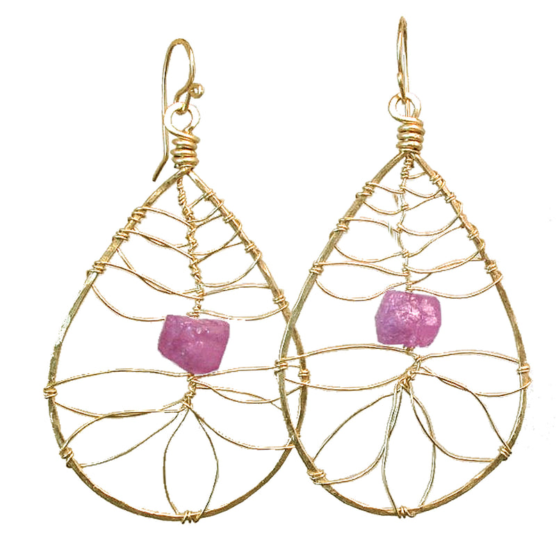 Hammered Flower Petal Earrings with Pink Ruby