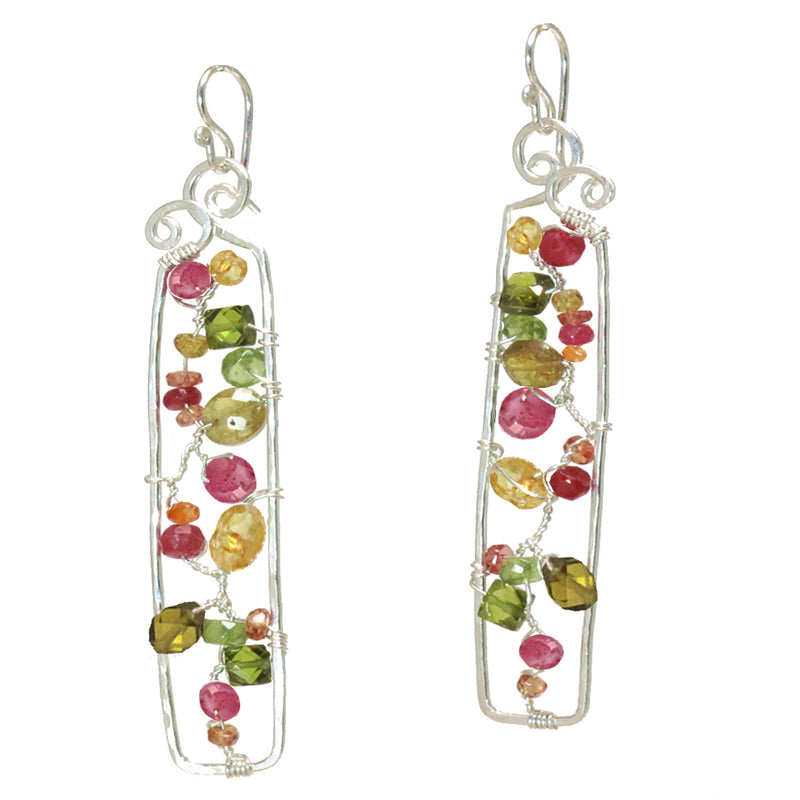Long Rectangular Earrings with Ruby, Peridot & Green Garnet