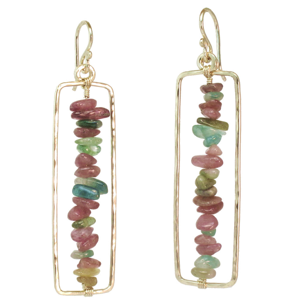 Hammered Rectangle Earrings with Smooth Round Tourmaline
