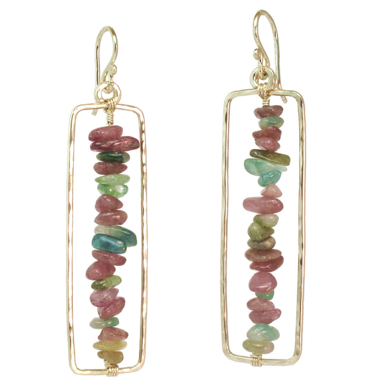 Hammered Rectangle Earrings with Smooth Round Tourmaline