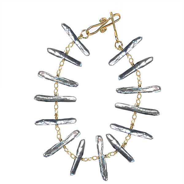 Long Pewter Grey Biwa Pearl Bracelet