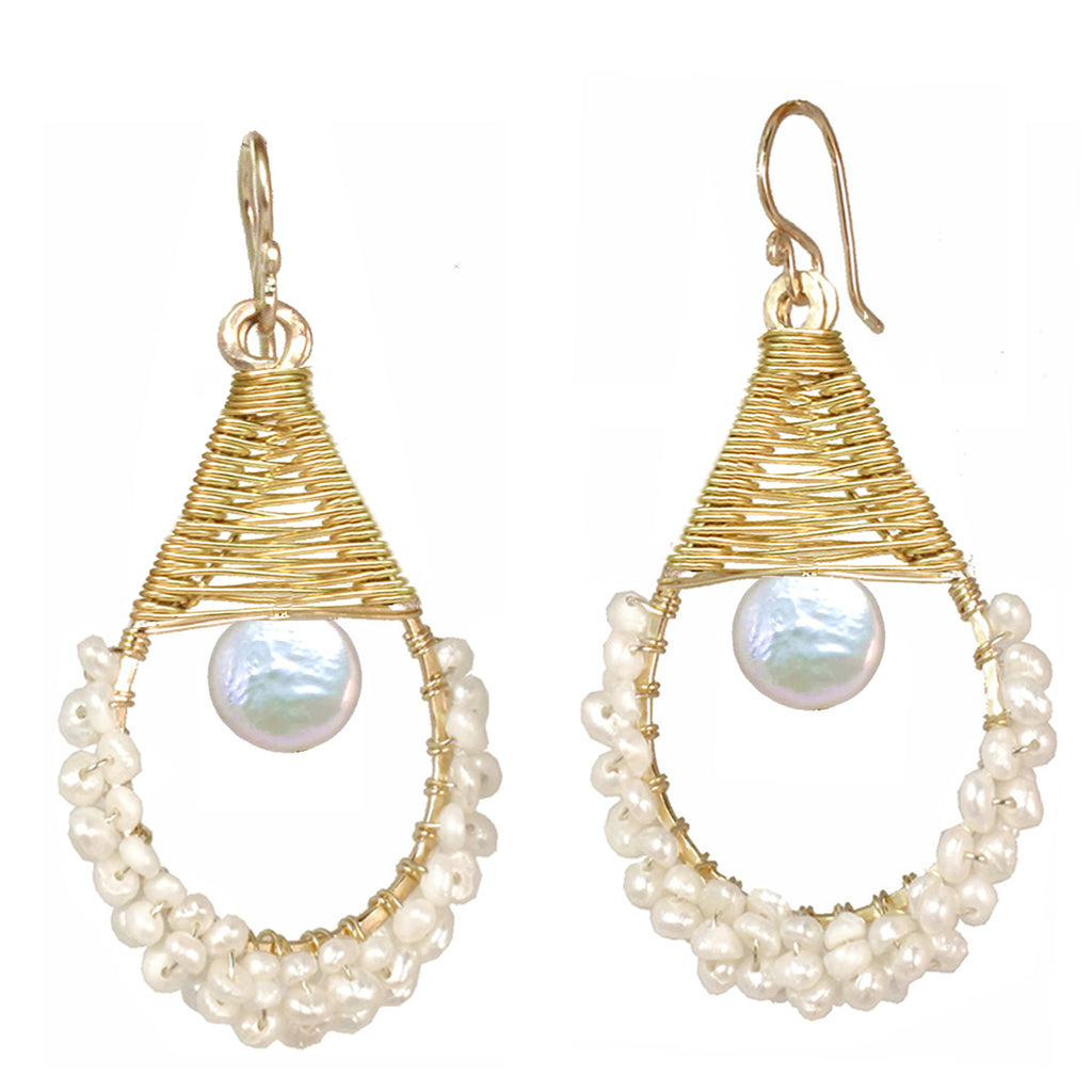 Hammered Drop Earrings with Ivory Pearls & Coin Pearl