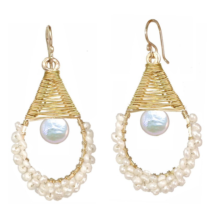 Hammered Drop Earrings with Ivory Pearls & Coin Pearl