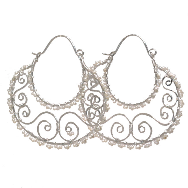 Hammered Swirl Earrings Wrapped with Seed Pearls