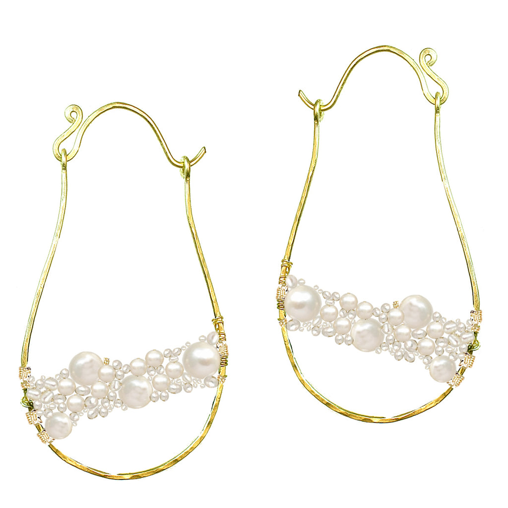 Hammered Pearl Drop Hoops