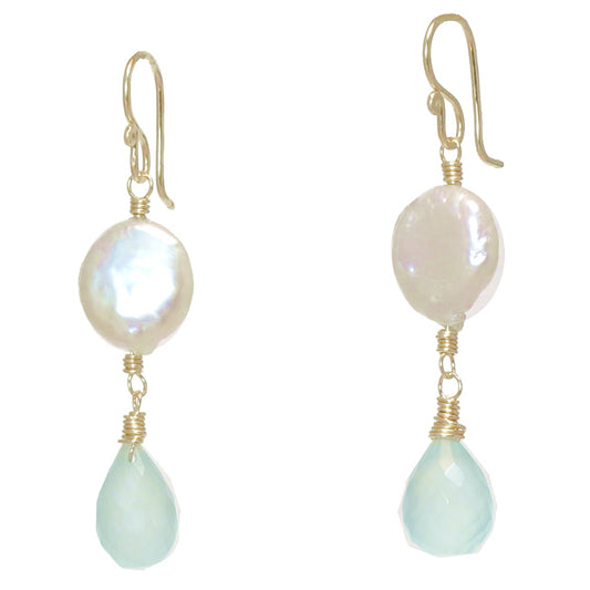 Coin Pearl & Sea Blue Chalcedony Drop Earrings