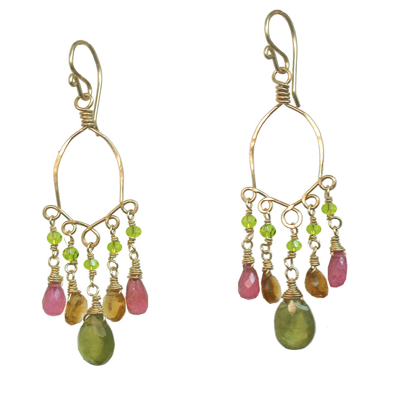 Hammered Half-Round Hoop Earrings with Pink Tourmaline, Citrine & Peridot