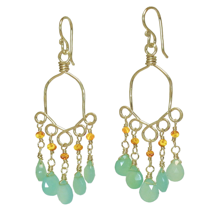 Hammered Half-Round Hoop Earrings with Mandarin Garnet & Chrysoprase