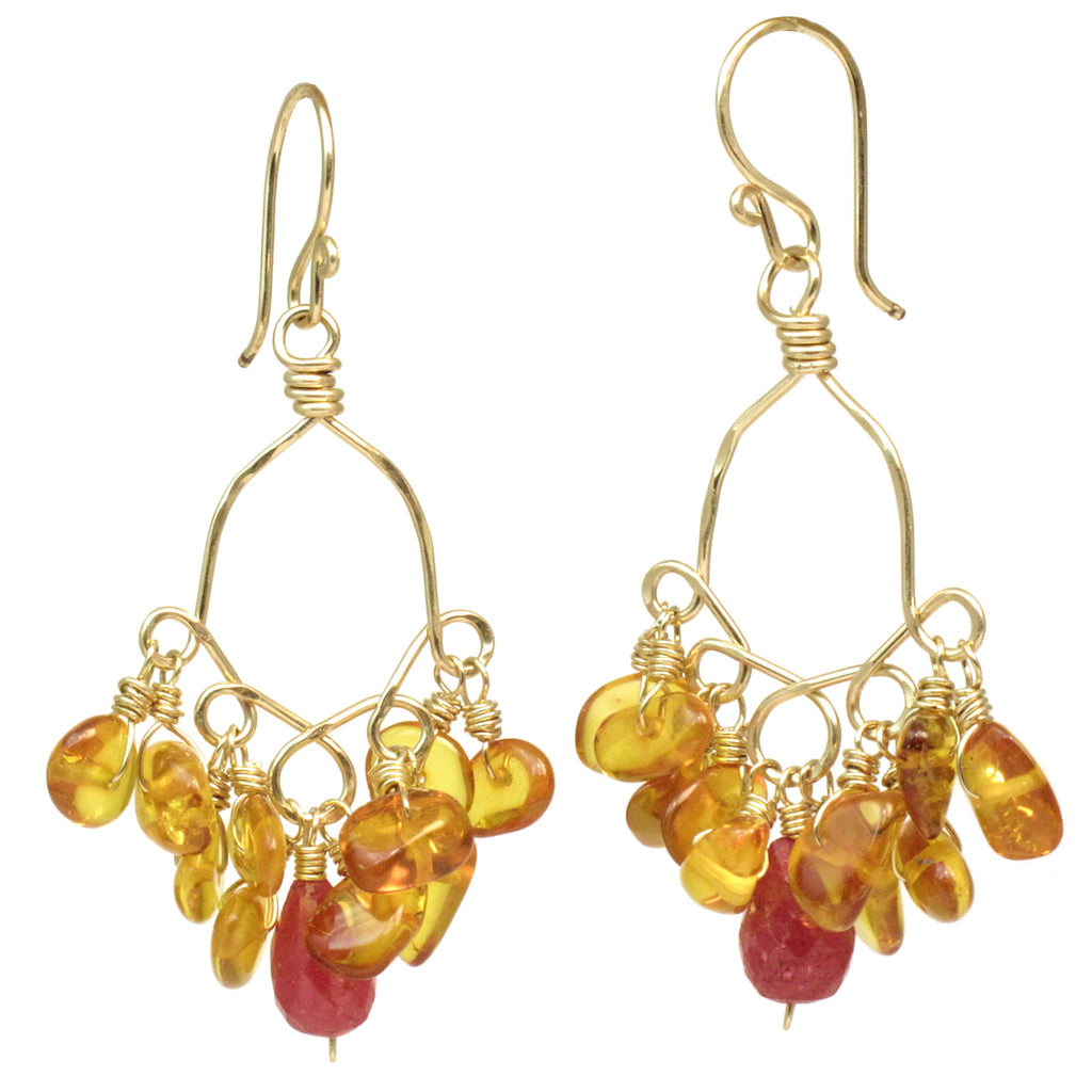 Hammered Half-Round Hoop Earrings with Amber & Pink Sapphire