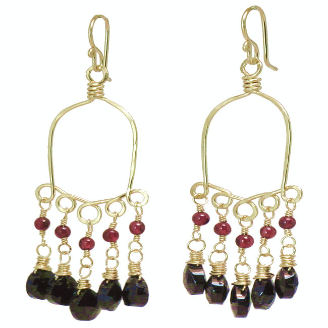 Hammered Drop Earrings with Rhodolite Garnet & Black Spinel