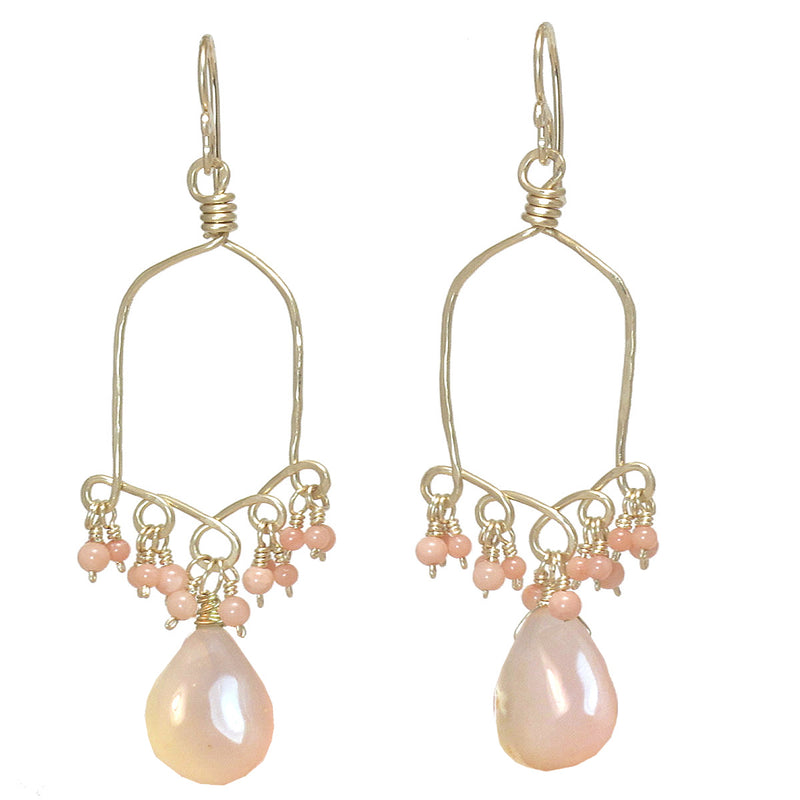 Hammered Drop Earrings with Pink Coral & Rose Chalcedony