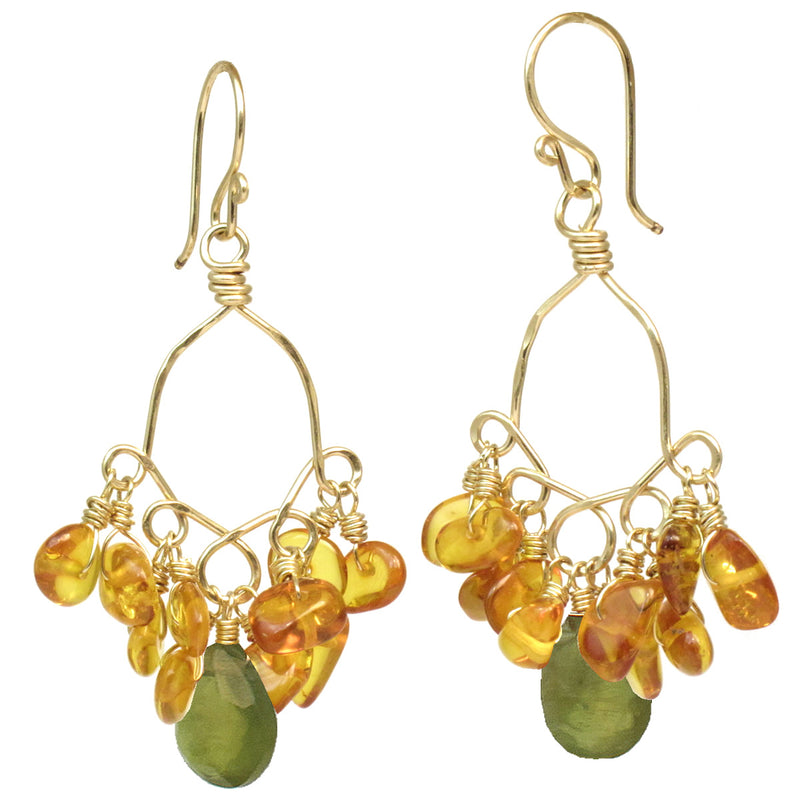 Hammered Drop Hoop Earrings with Amber & Vessonite