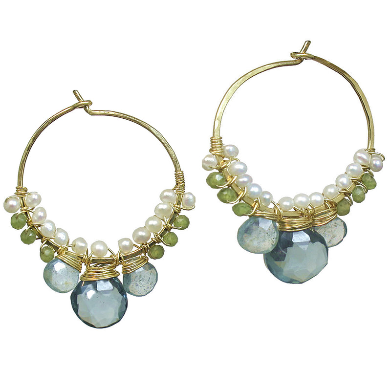 Ivory Meadow Hoops – Pearls, Green Garnet & Quartz