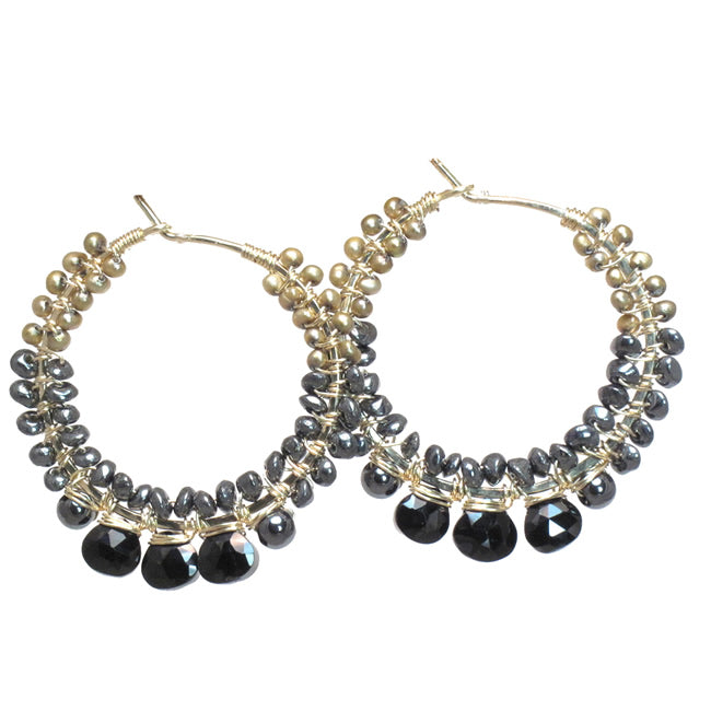 Midnight Glow Hoops – Spinel, Pyrite & Bronze Pearls