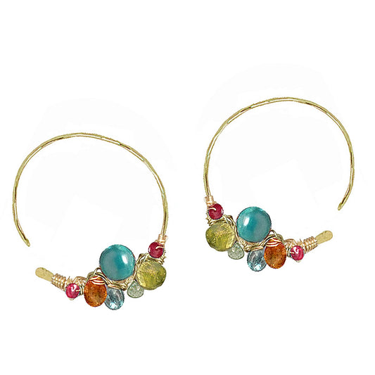 Open Hoop Earrings Wrapped with Pink Ruby, Mandarin Garnet, Peridot, Turquoise & Black Spinel