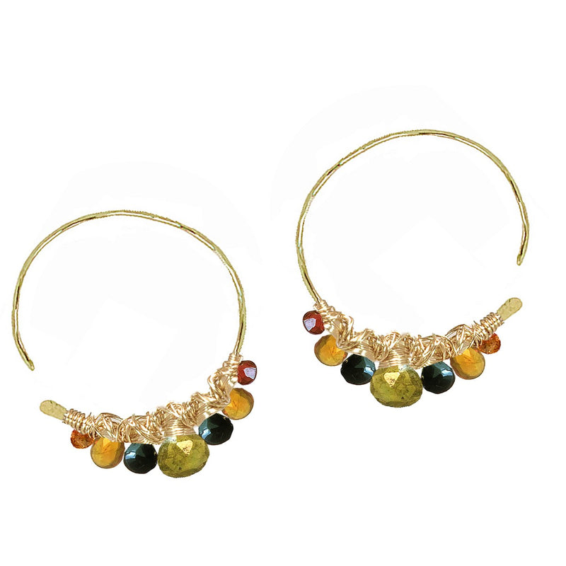 Mandarin Garnet, Smoky Quartz, Black Spinel & Vesuvianite  Open Hoop Earrings