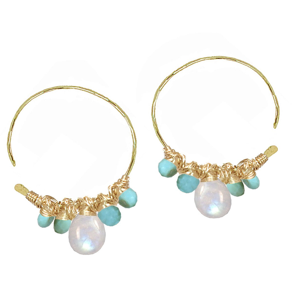 Peruvian Blue Opal & Moonstone Hammered Open Hoop Earrings