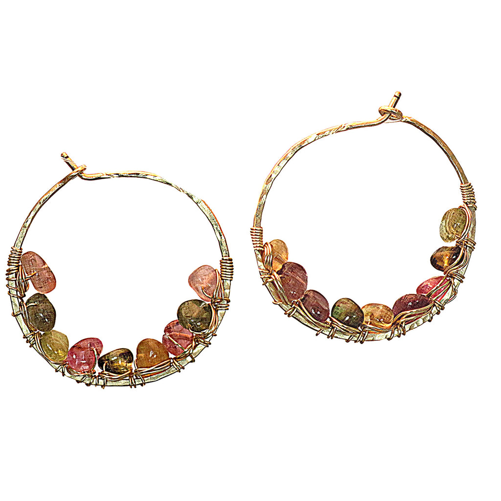 Hammered Gold Hoops Wrapped in Natural Tourmaline