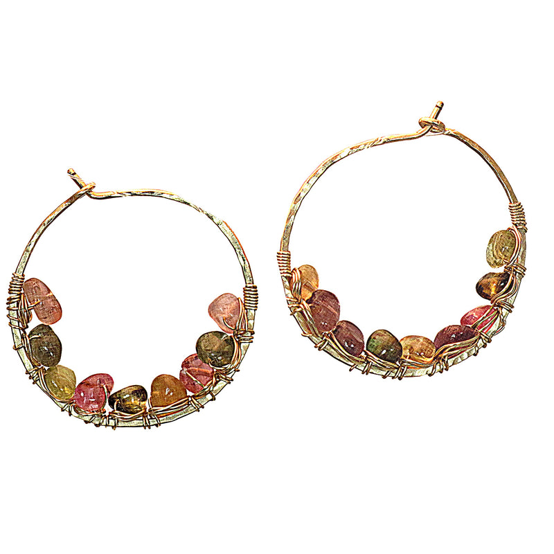Hammered Gold Hoops Wrapped in Natural Tourmaline