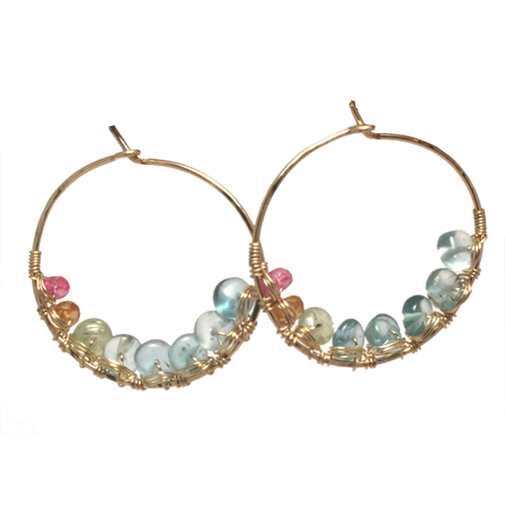 Apatite, Citrine & Ruby Inner-Wrapped Hammered Hoops