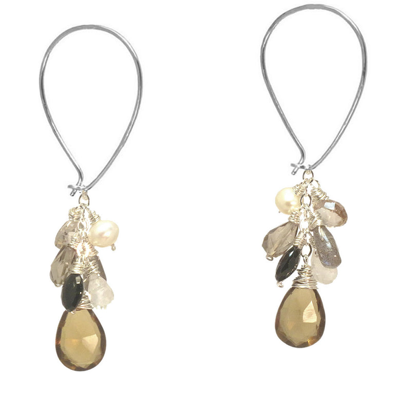 Pearl & Multi-Gem Cluster Long Earwires