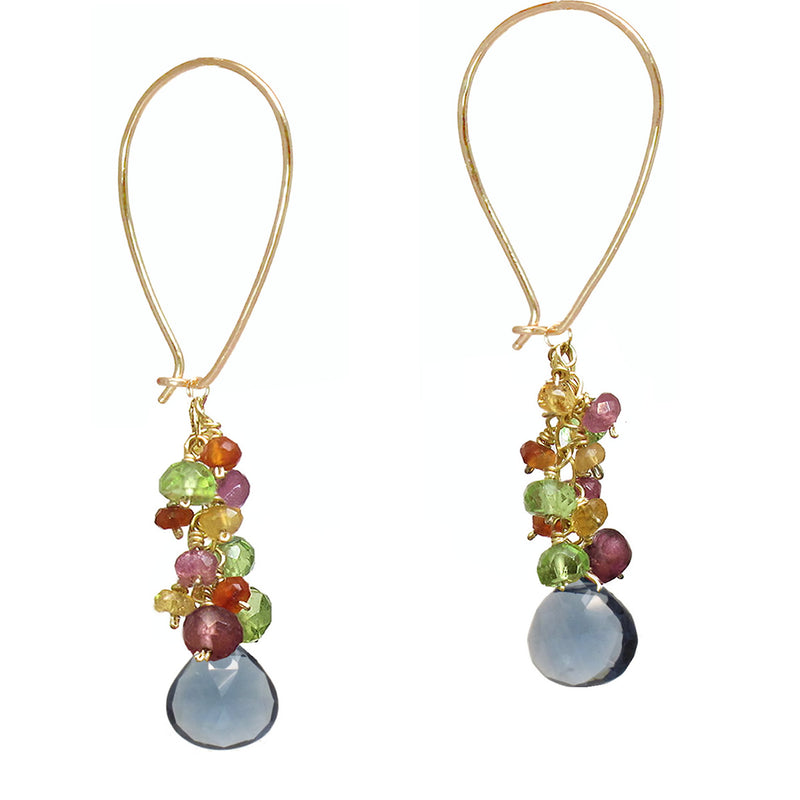 Pink Ruby, Citrine & London Blue Quartz Cluster Earwires
