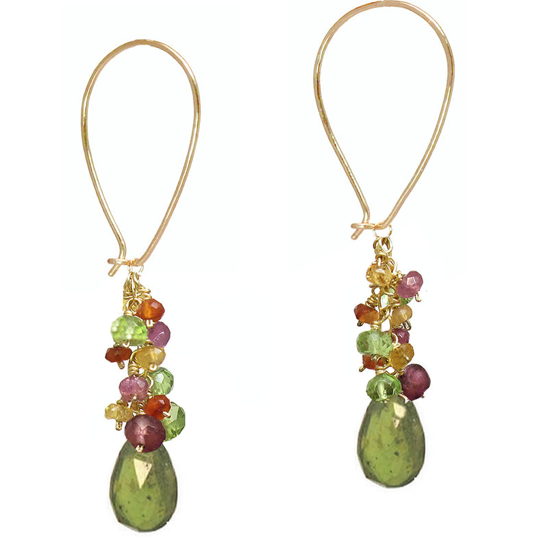 Pink Ruby, Citrine & Vessonite Cluster Long Earwires