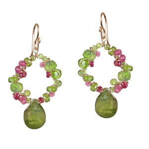 Wrapped Vine Earrings with Peridot, Ruby & Vessonite