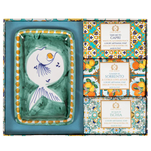 Casa Amalfi Green Maiolica Gift Box: 3 Soaps + Ceramic Soap Dish - ClickThatClicks 