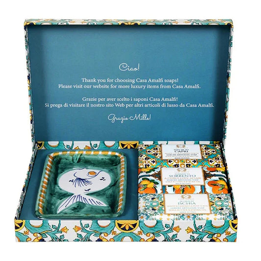 Casa Amalfi Green Maiolica Gift Box: 3 Soaps + Ceramic Soap Dish - ClickThatClicks 