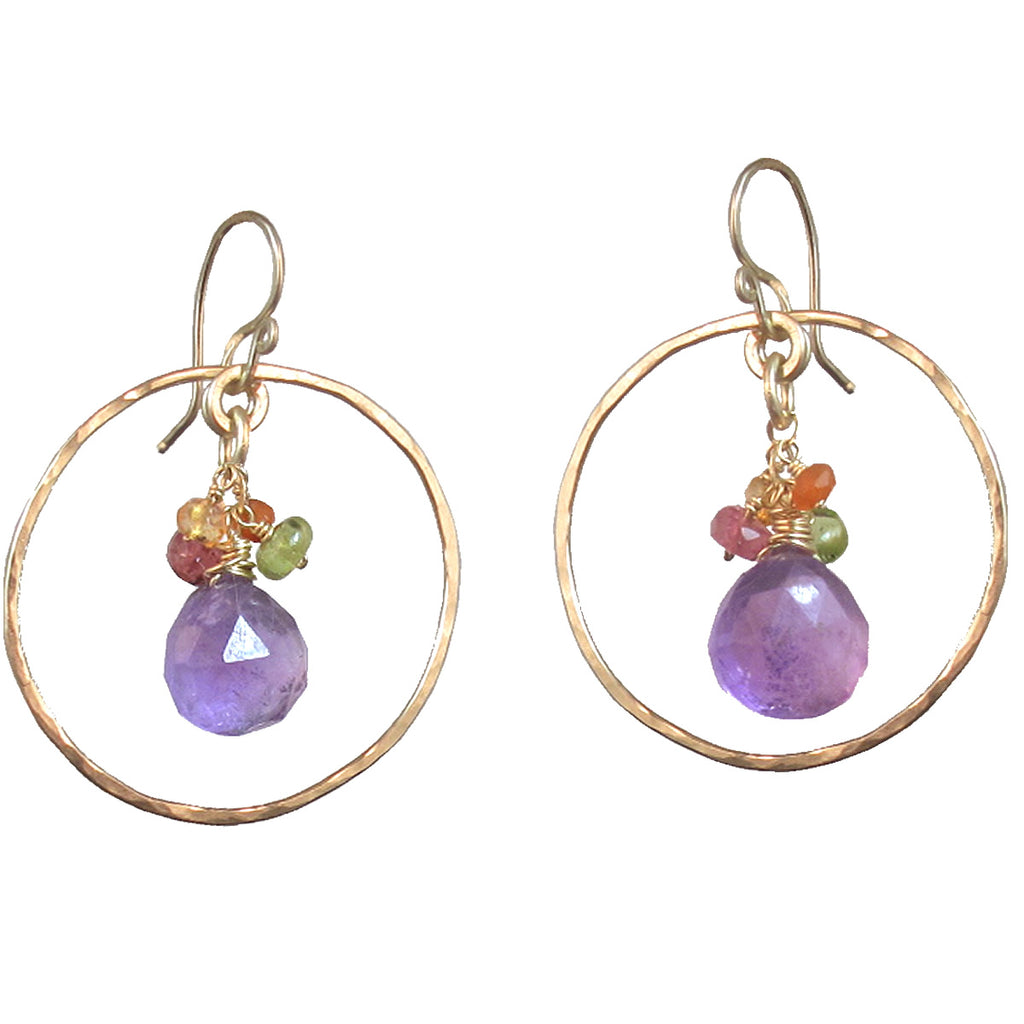 Hammered Circle Earrings with Ruby, Carnelian, Peridot & Amethyst