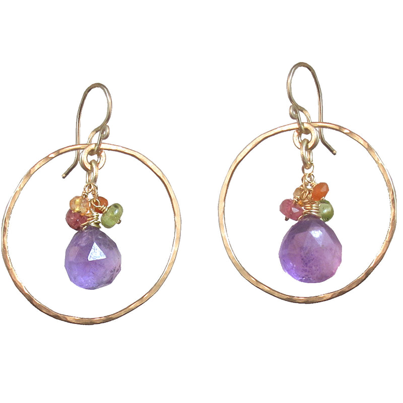Hammered Circle Earrings with Ruby, Carnelian, Peridot & Amethyst